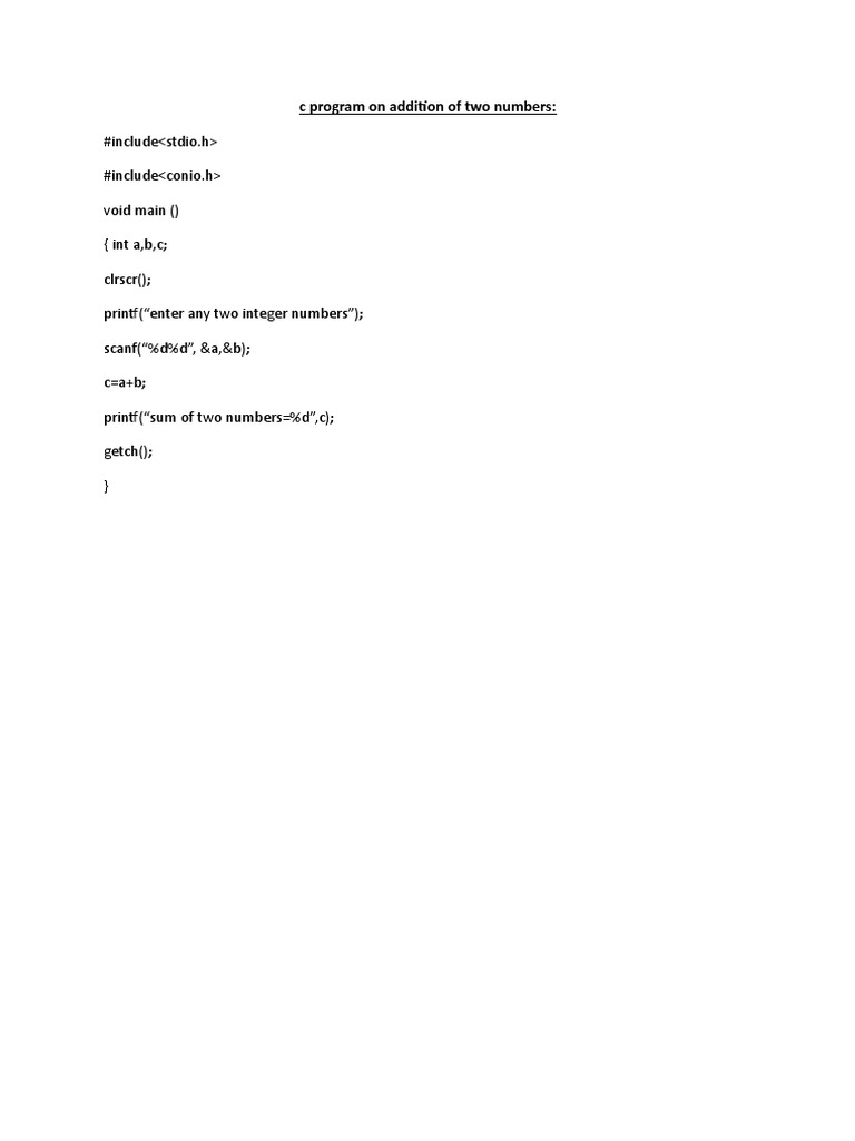 C Program On Addition of Two Numbers | PDF