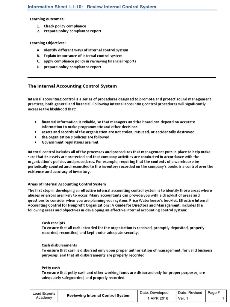Internal Control System Review Guide | PDF | Internal Control | Cheque