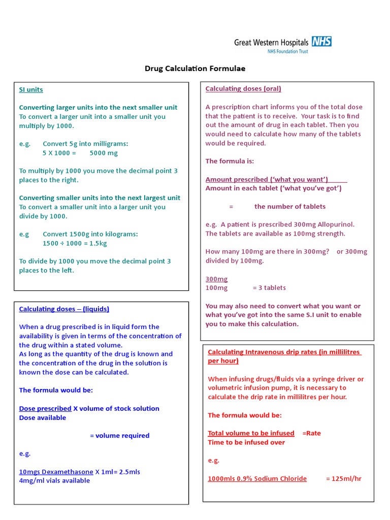 Adult Drug Calculation Formulas | PDF | Intravenous Therapy | Dose ...