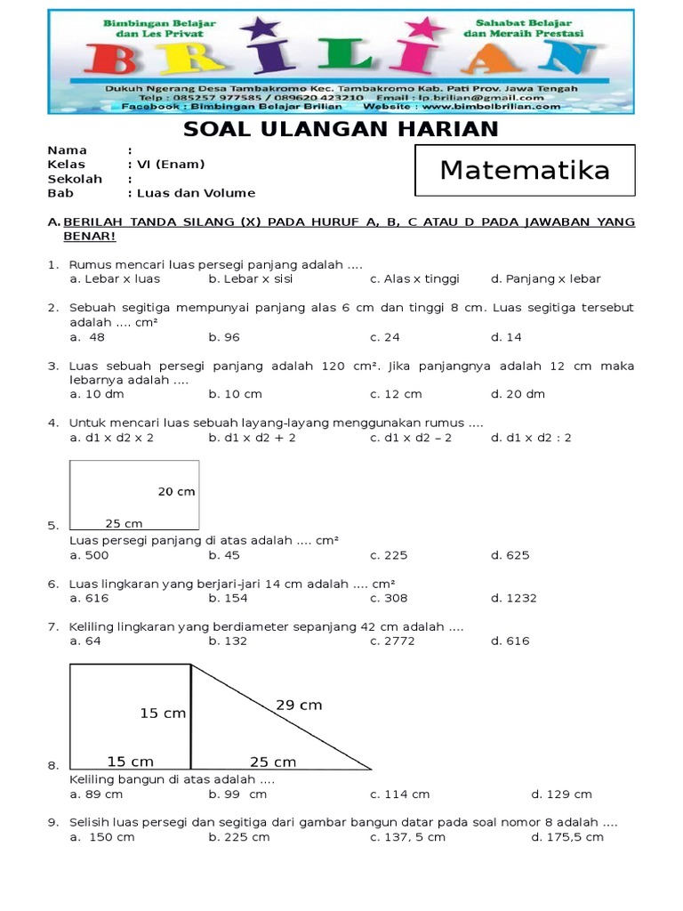 Soal Matematika Kelas 6 SD Bab 3 Luas Dan Volume Dan Kunci Jawaban | PDF