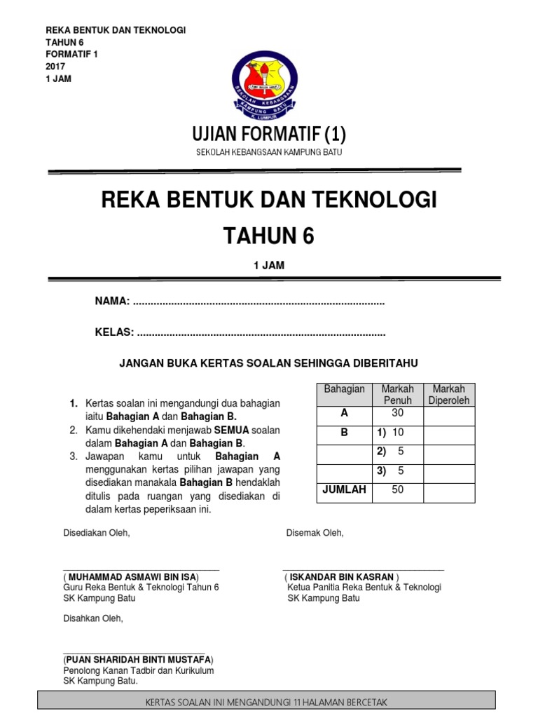 Formatif 1 - Reka Bentuk Dan Teknologi Tahun 6