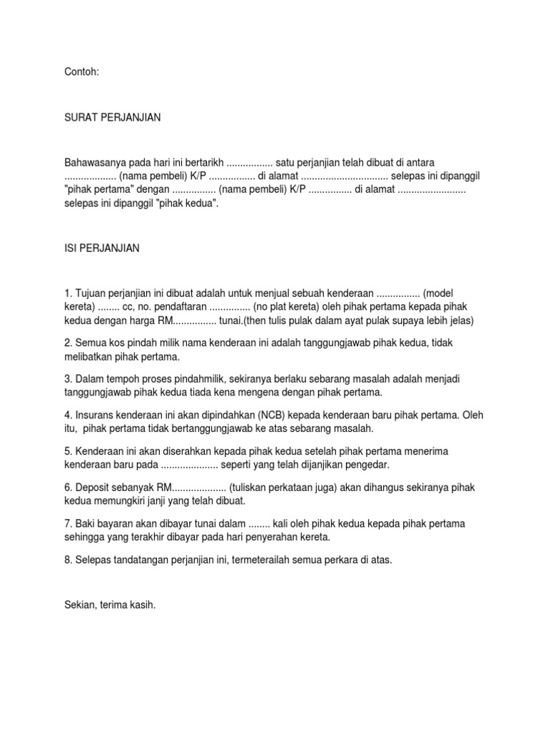 Contoh Surat Perjanjian Jual-Beli Kenderaan  PDF