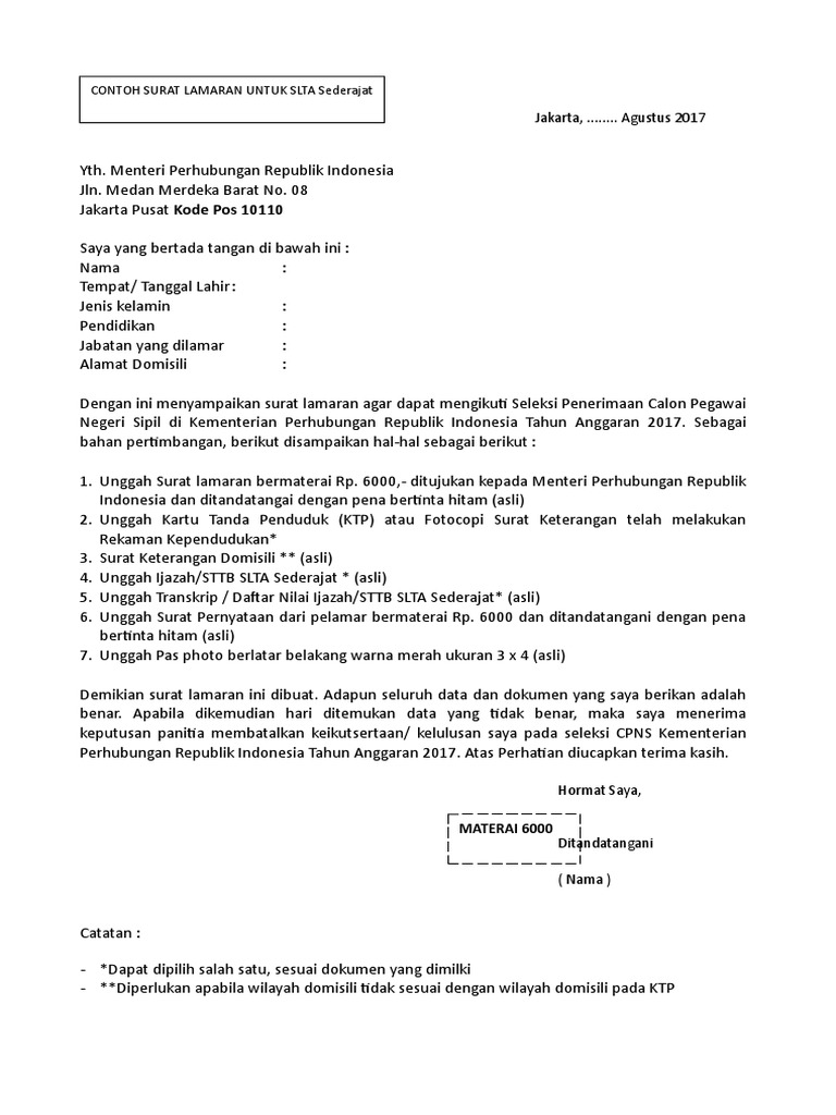Format Surat Lamaran Slta
