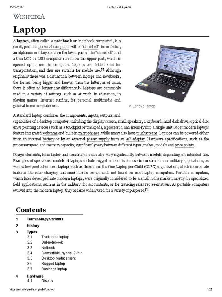 Laptop Wikipedia PDF Laptop Personal Computers