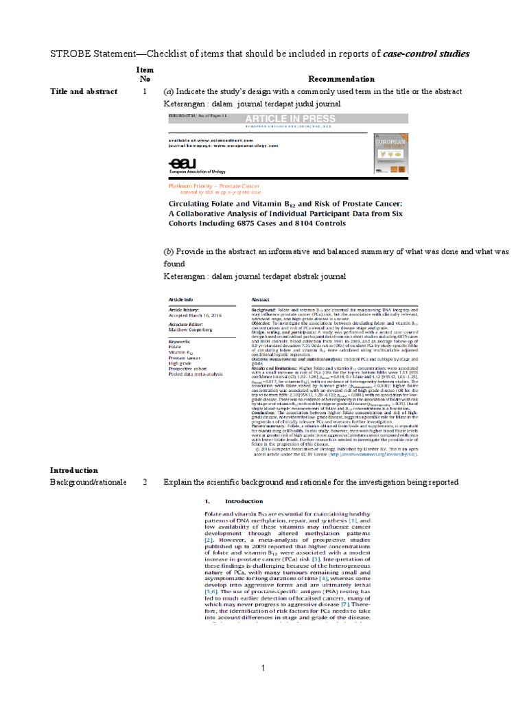 STROBE StatementChecklist of Items That Should Be Included in Reports