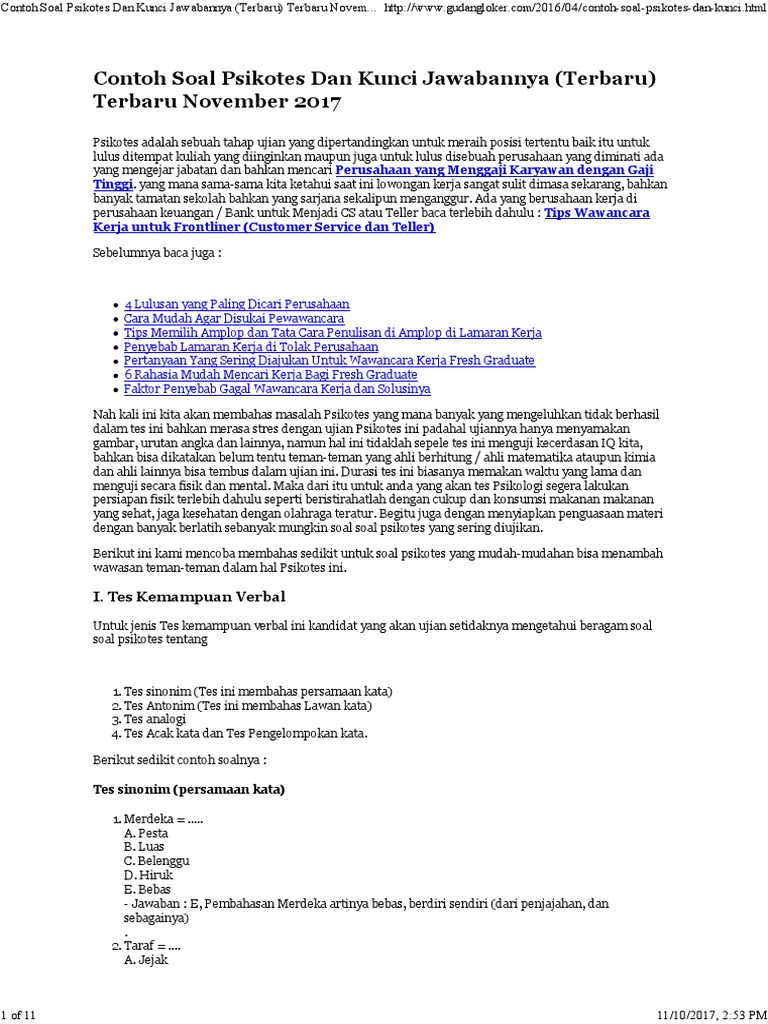 Contoh Soal Psikotes Dan Kunci Jawabannya (Terbaru ...