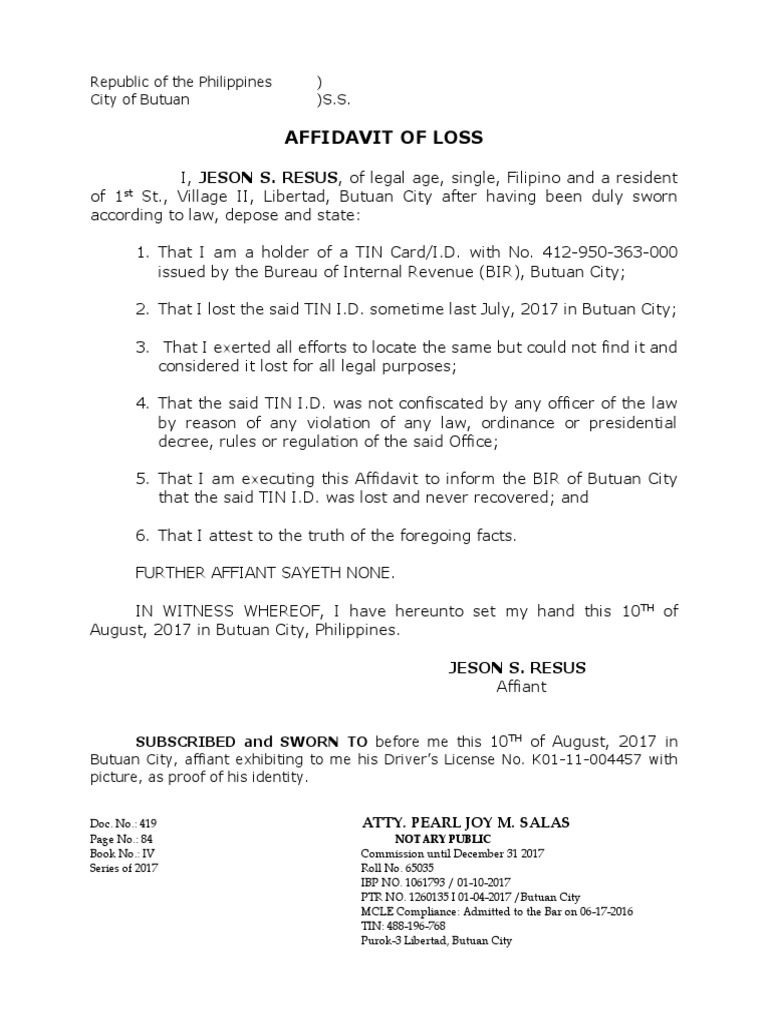 Affidavit of Loss TIN ID. Resus