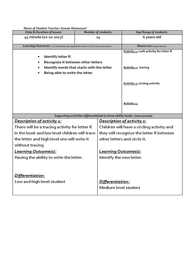 Grade R Lesson Plan: Letter R Activities | PDF | Lesson Plan | Teachers