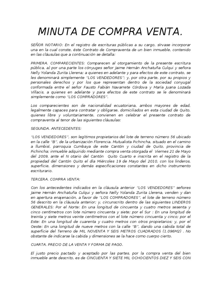 Minuta de contrato de compraventa de bien inmueble
