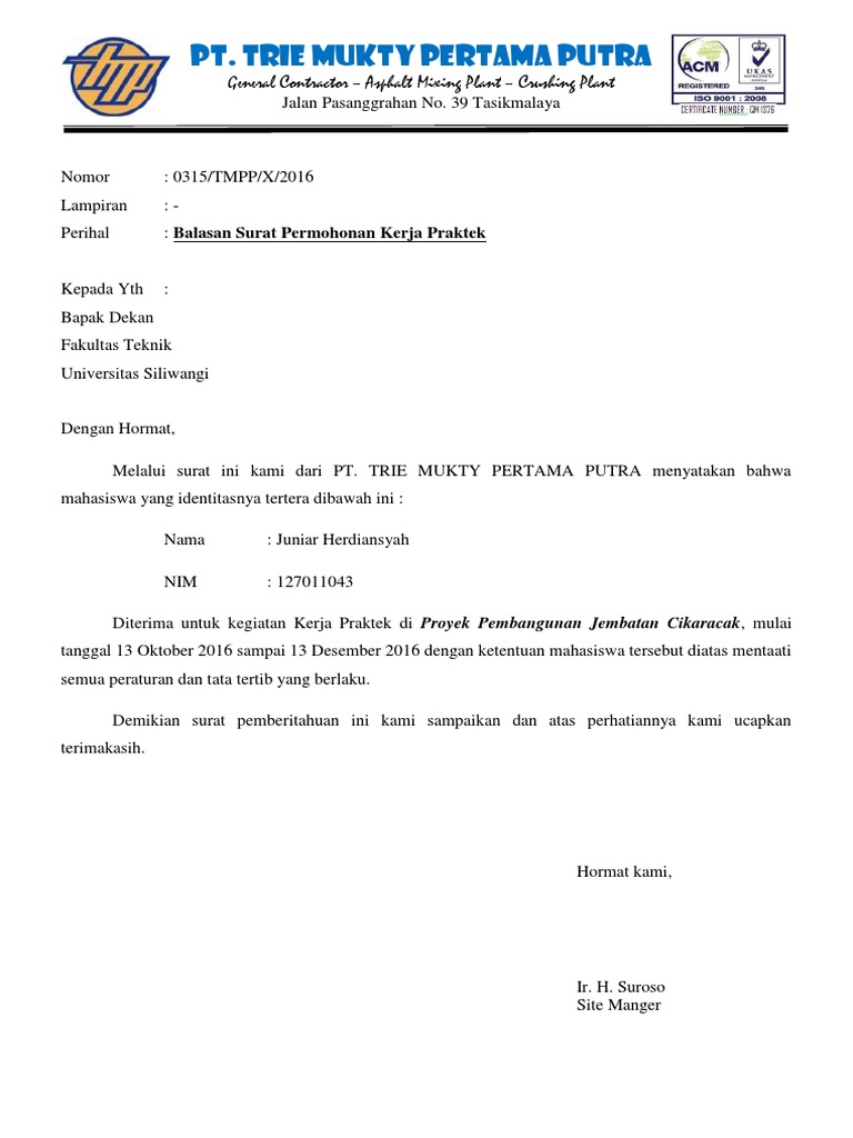 Contoh Surat Balasan Kerja Praktek