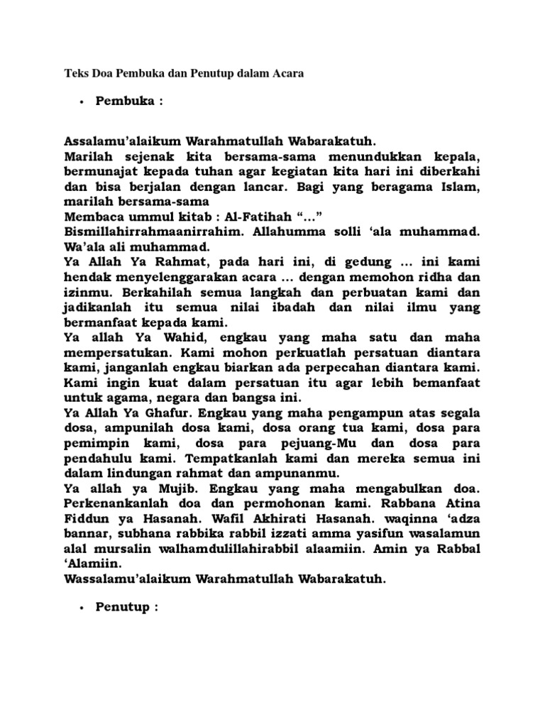 Teks Doa Pembuka Dan Penutup Dalam Acara