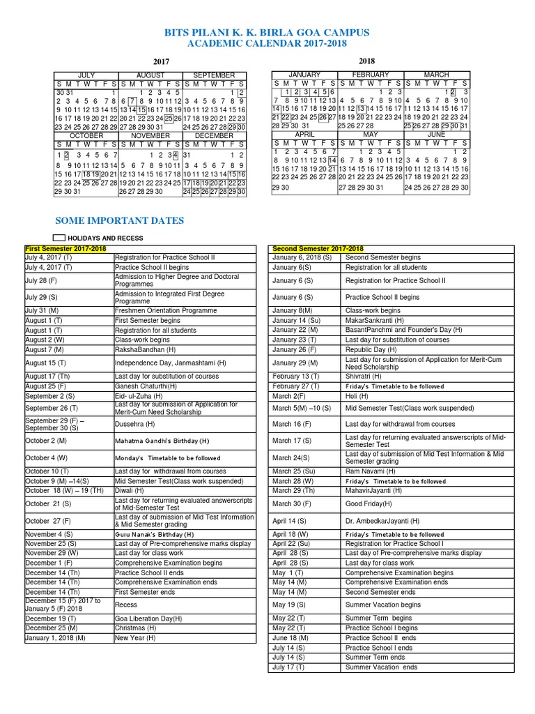 BITS Goa Academic Calendar PDF Qualifications Educational