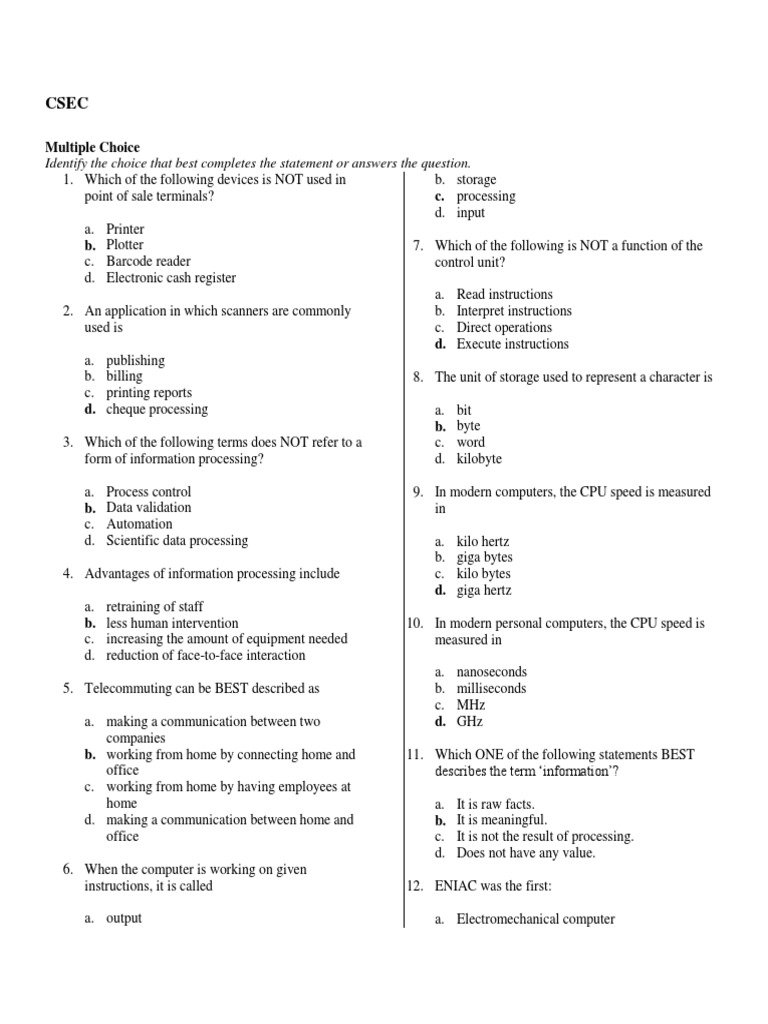 CSEC Information Processing Quiz | PDF | Disk Storage | Computer Data ...