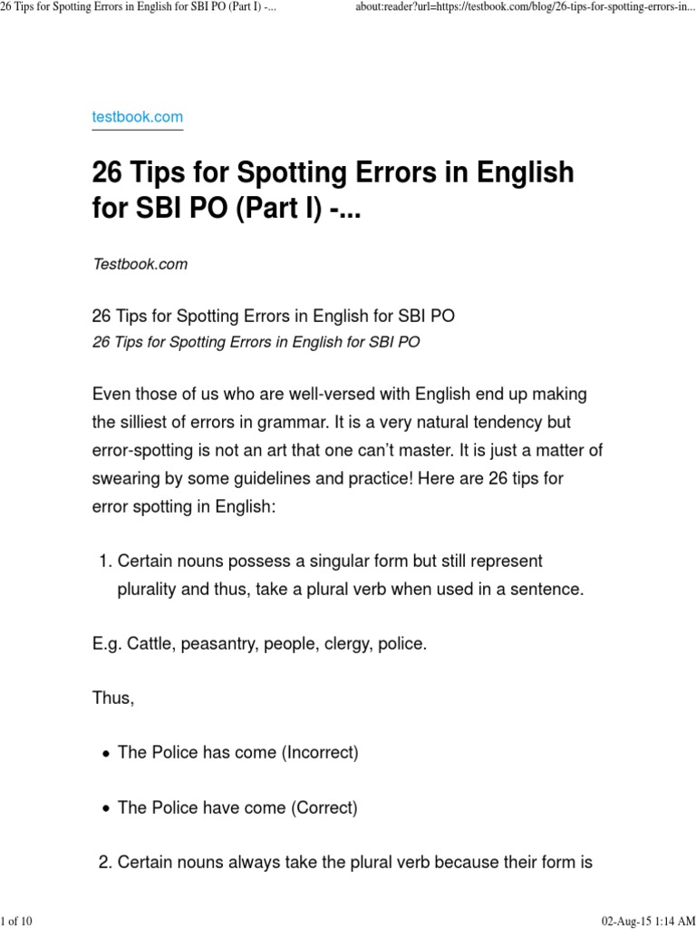 26 Tips For Spotting Errors in English For SBI PO (Part I) .. PDF
