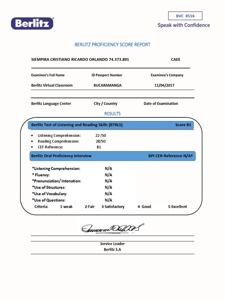 Berlitz Language Proficiency Report | PDF