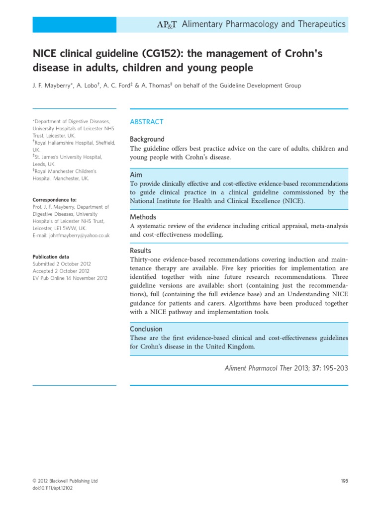 NICE Clinical Guideline (CG152) The Management of Crohn 'S Disease in