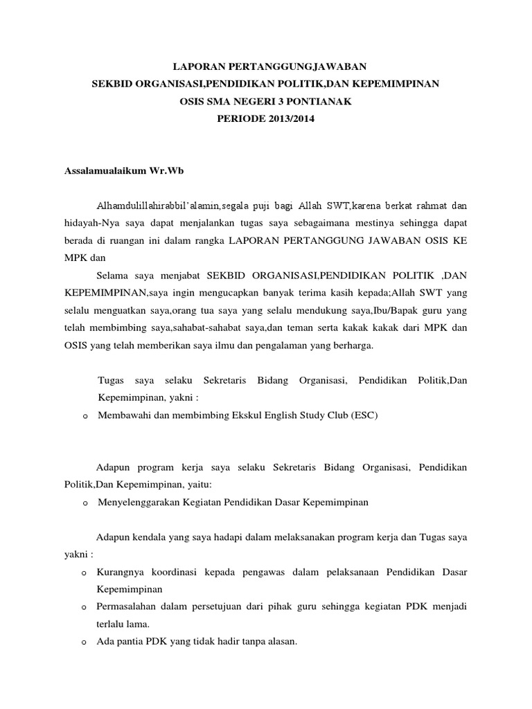 Laporan Pertanggung Jawaban Sekbid Organisasi Pendidikan Politik Dan Kepemimpinan Tahun 2014