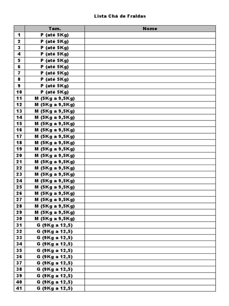 Lista de Chá de Fraldas para Imprimir | PDF