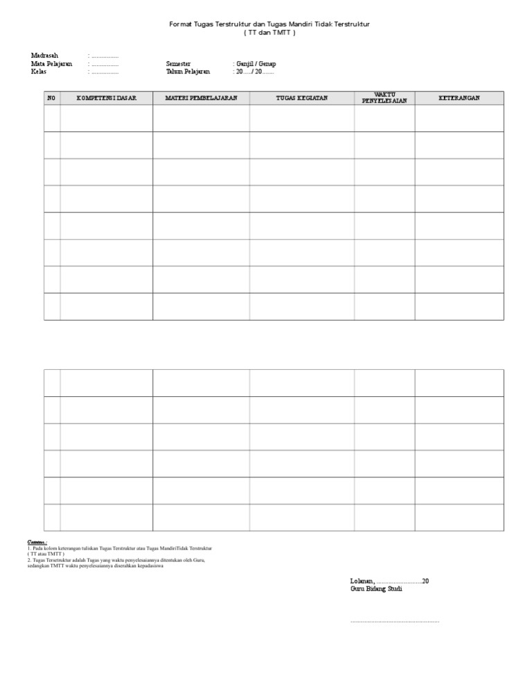 Format Tugas Terstruktur Dan Tugas Mandiri Tidak Terstruktur Doc