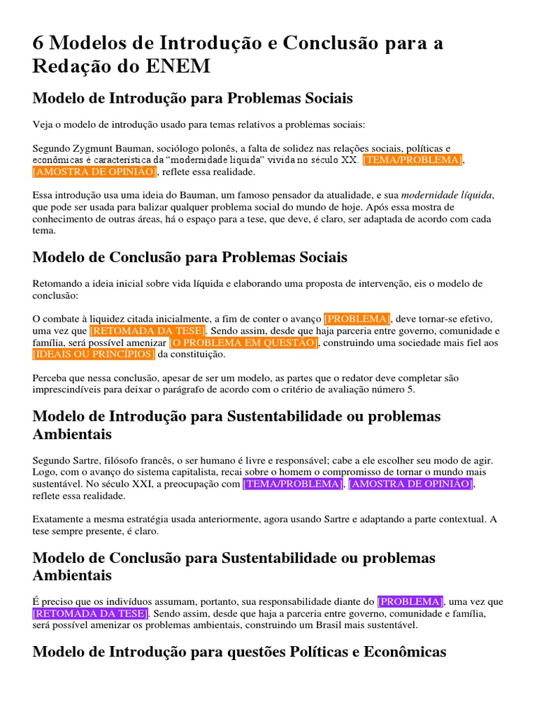 6 Modelos de Introdução e Conclusão para A Redação Do ENEM | PDF ...