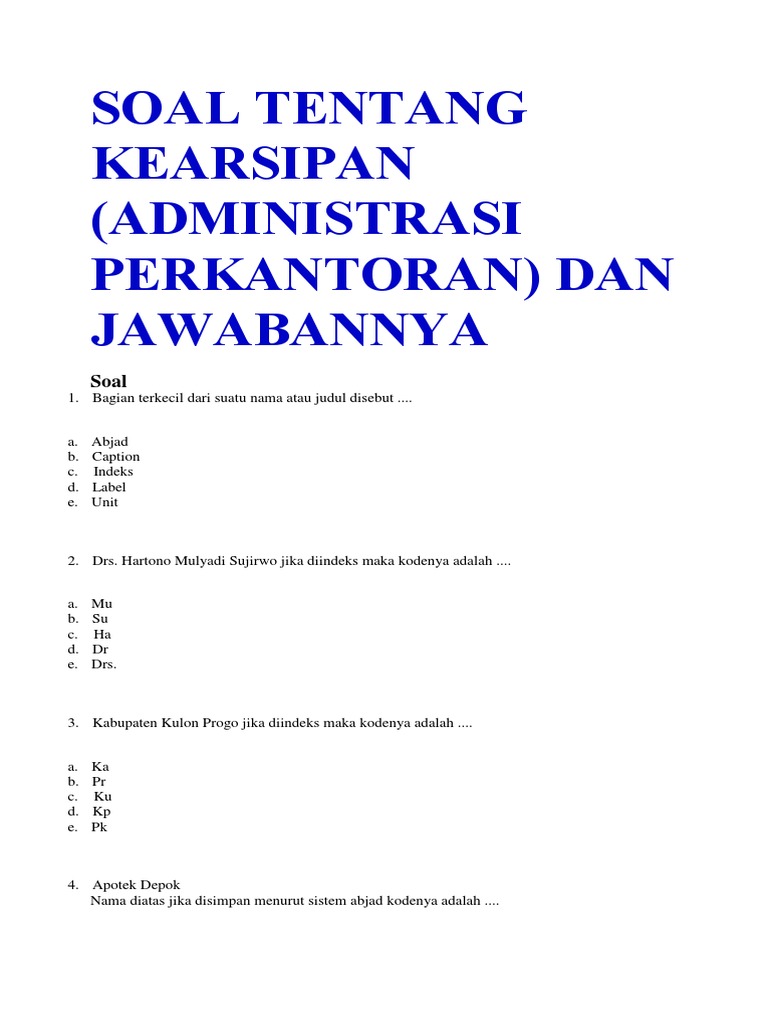 Contoh Soal Kearsipan Pilihan Ganda Dan Jawabannya