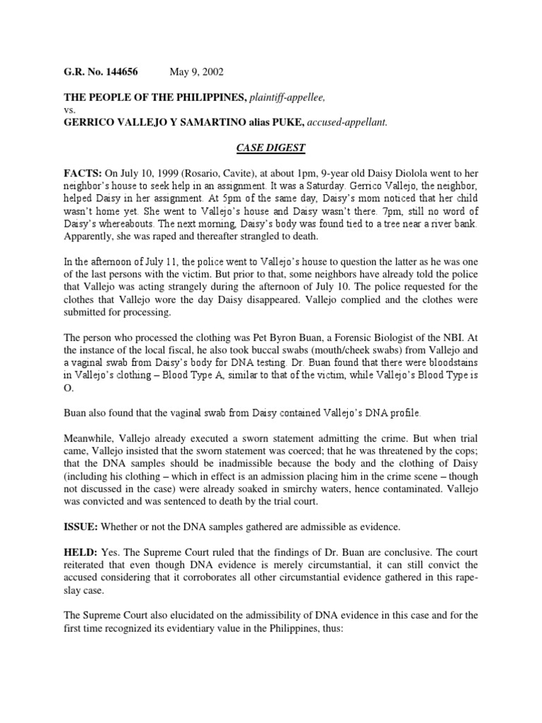 People vs. Vallejo Digest PDF Dna Profiling Intelligence Analysis