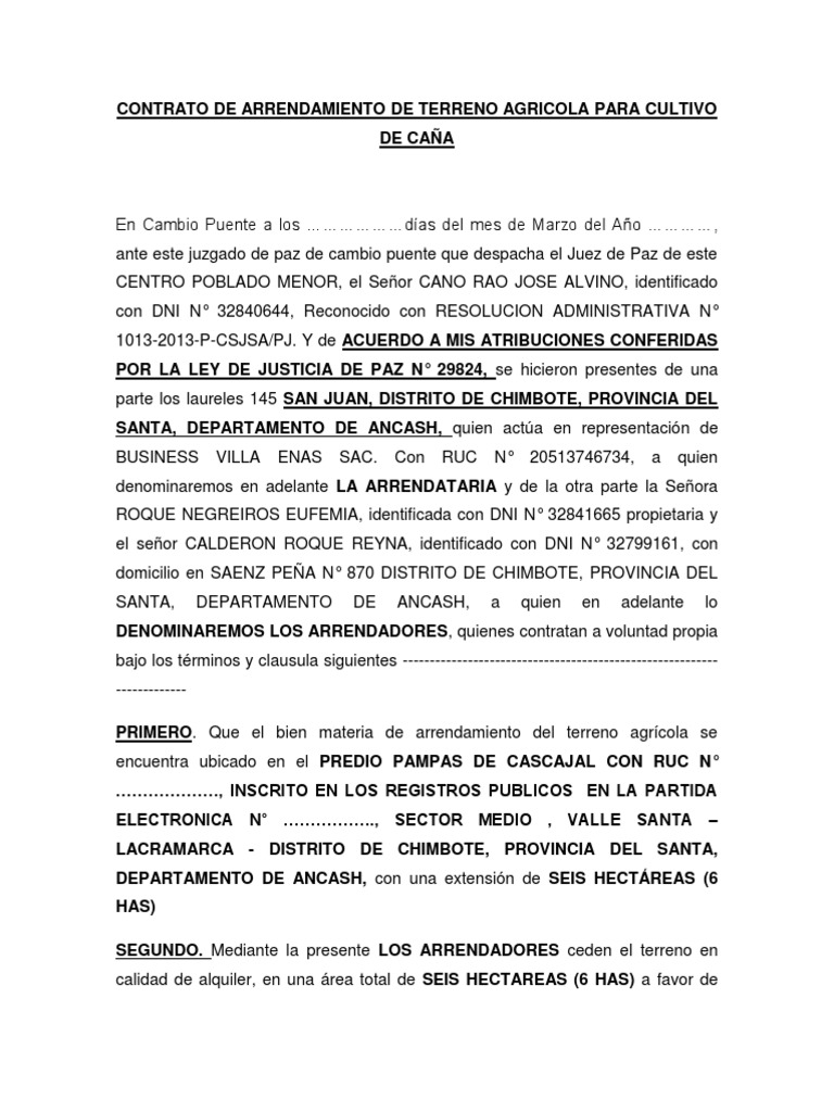 Contrato de Arrendamiento de Terreno Agricola para Cultivo de Caña | PDF |  Instituciones sociales | Ciencias sociales