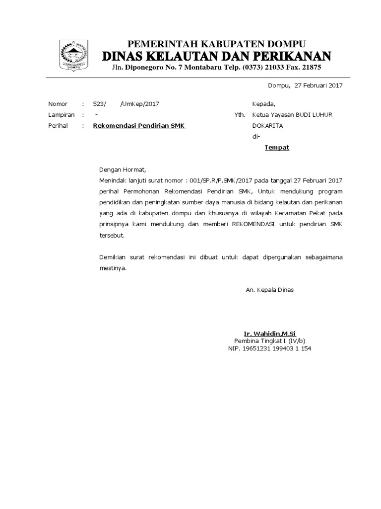 Surat Rekomendasi Pendirian Smk