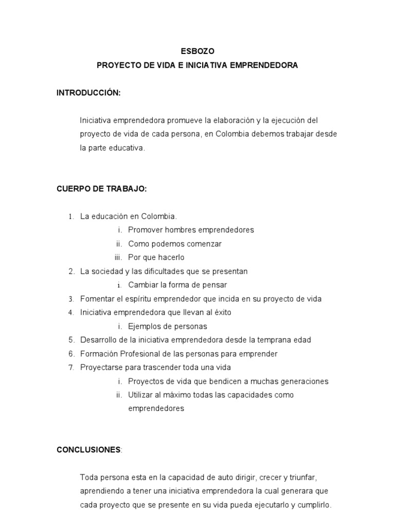 Esbozo Bosquejo Proyecto de Vida e Iniciativa Emprendedora