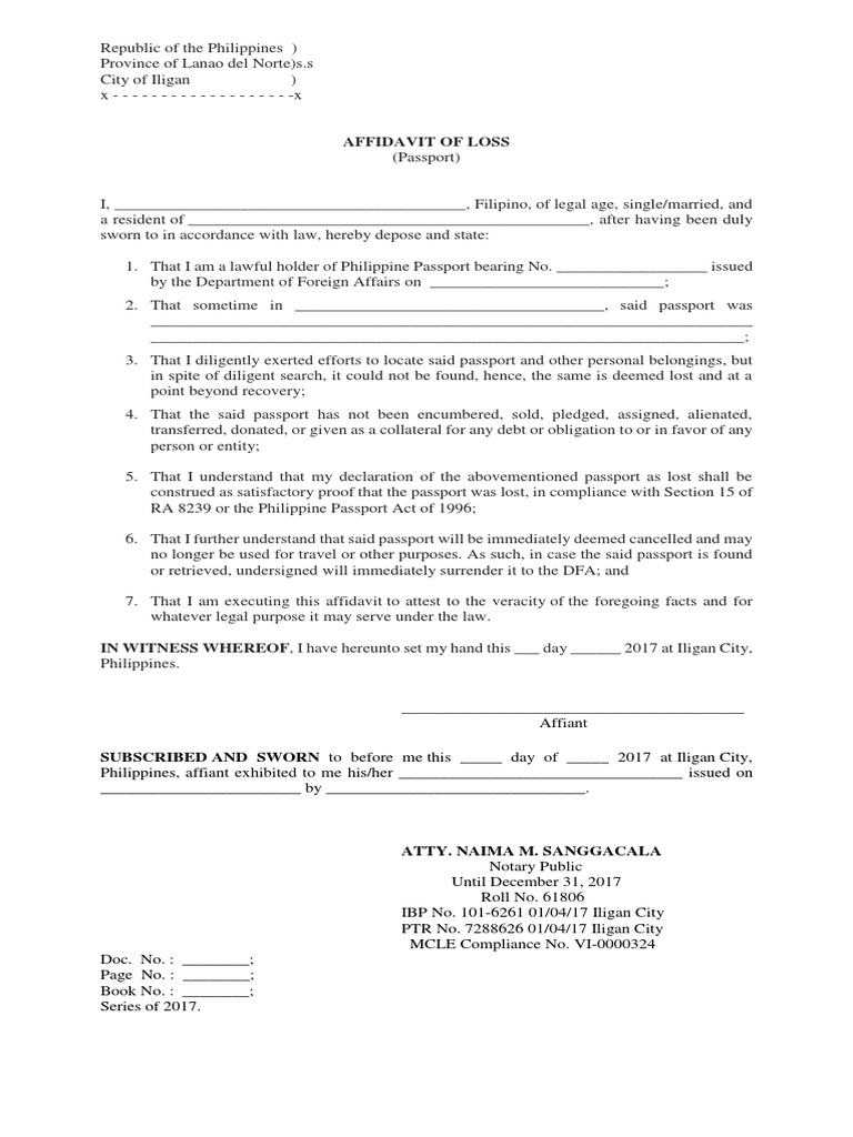 Affidavit of loss passport affidavit passport