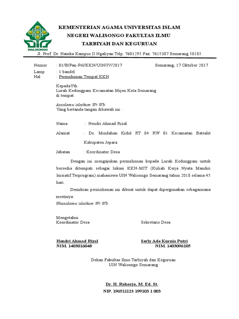 Surat Permohonan Tempat Kkn Kel Kedungpani