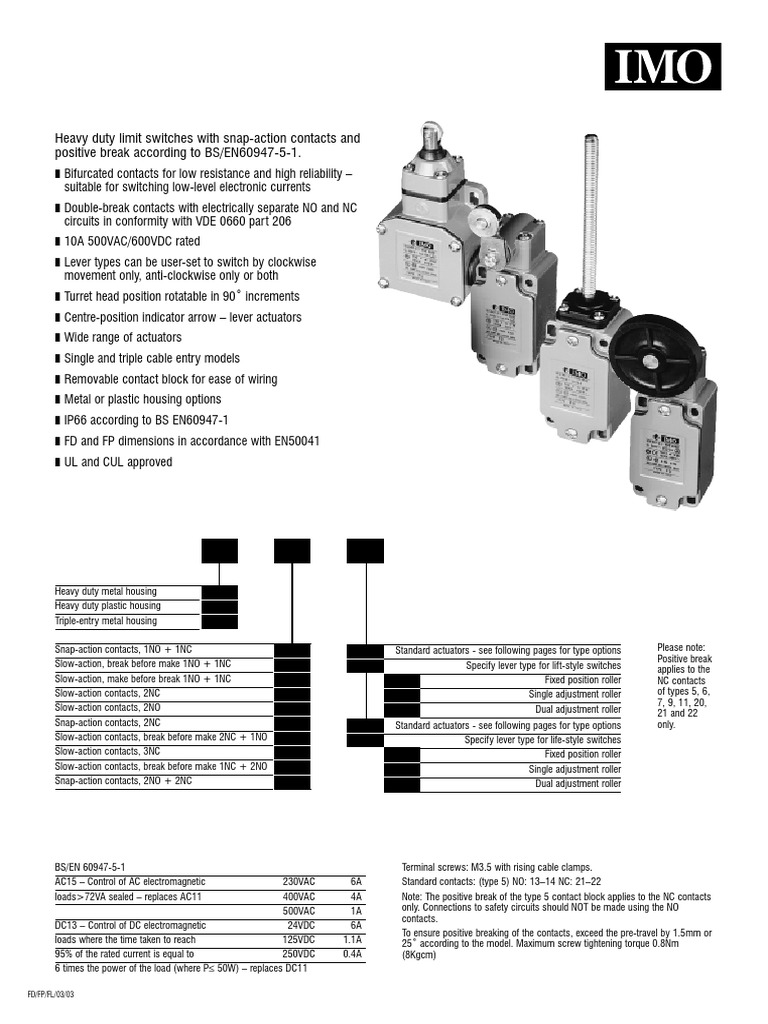 Standard Heavy Duty Limit Switches FD/FP/FL Options and Ordering Codes