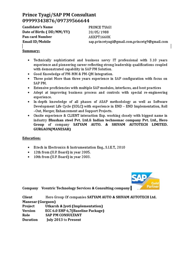 SAP PM SAMPLE Resume | PDF | Sap Se | Software Development