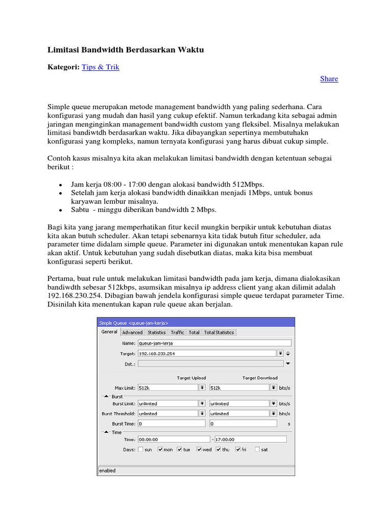Limitasi Bandwidth Mikrotik Berdasarkan Waktu | PDF