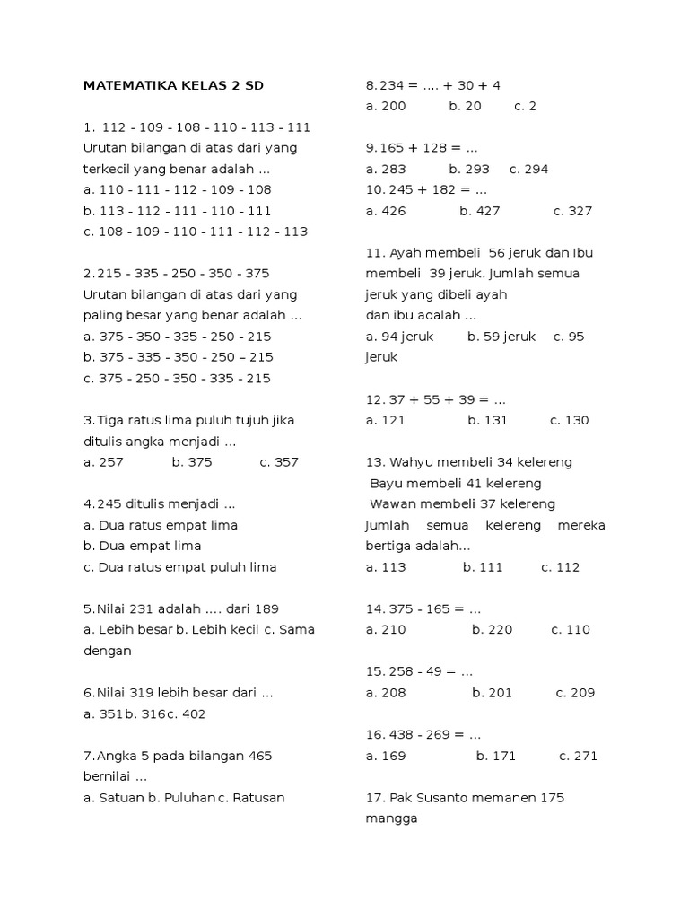 Soal UAS Matematika Kelas 2 SD Semester 1 (Ganjil) Dan