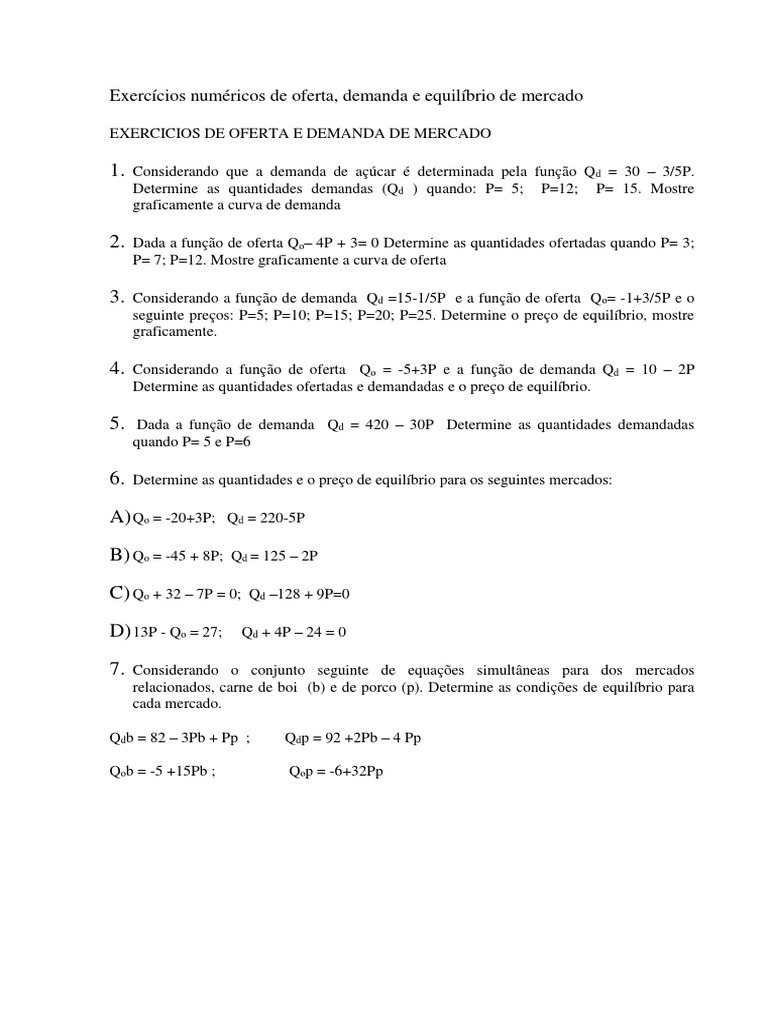 Exercícios de Oferta e Demanda em Mercado | PDF | Métodos e Materiais ...