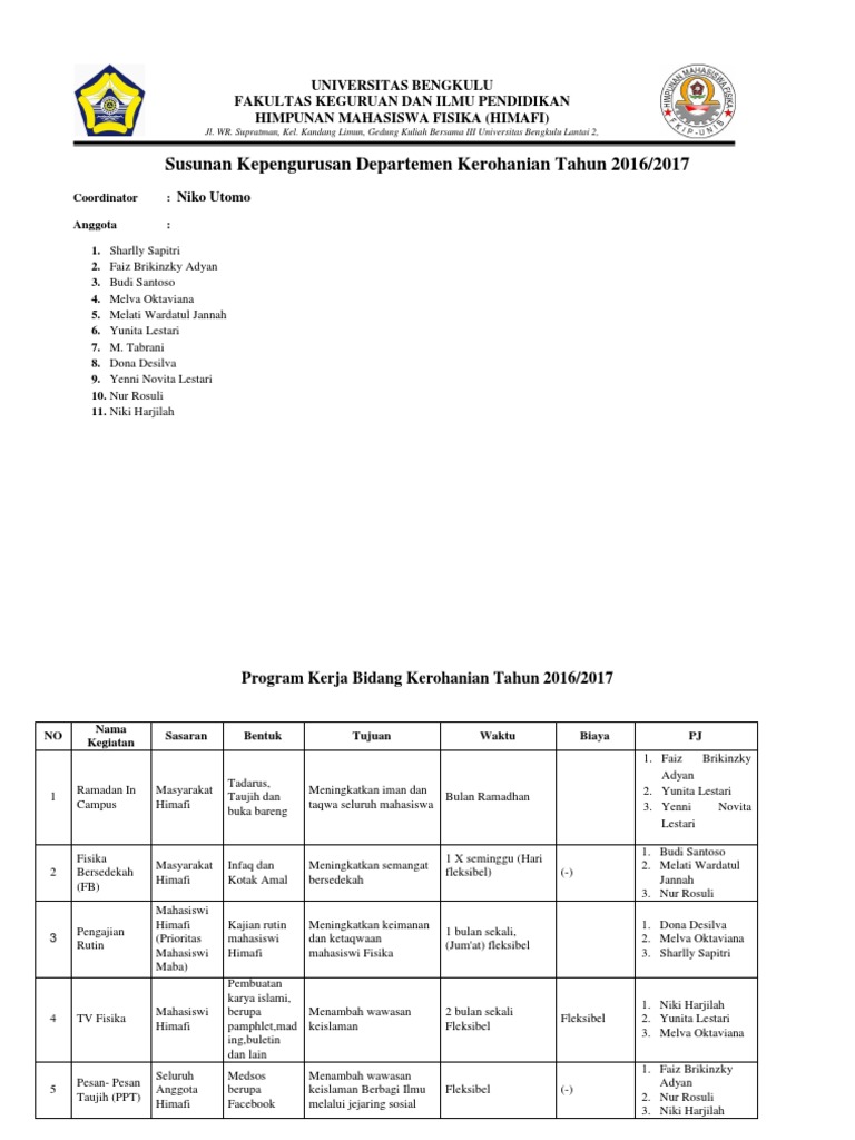 Program Kerja Bidang Kerohanian | PDF