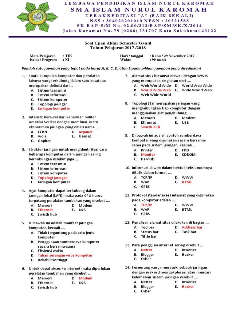Soal Ujian Akhir Semester Ganjil Kelas Xi Semester 1