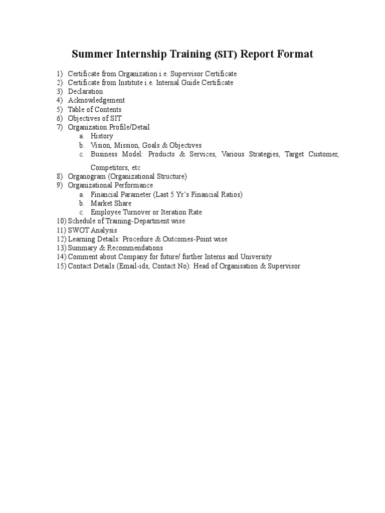 Revised Summer Internship Training (SIT) Report Format PDF