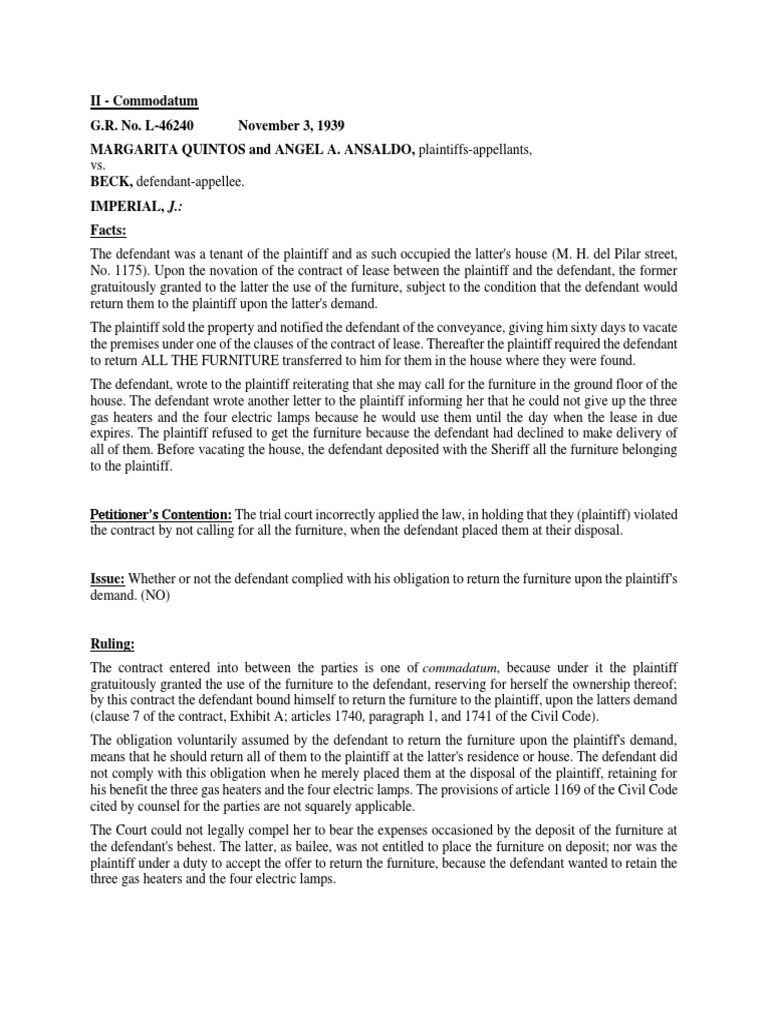 Quintos vs. Beck Digest PDF Lease Judgment (Law)