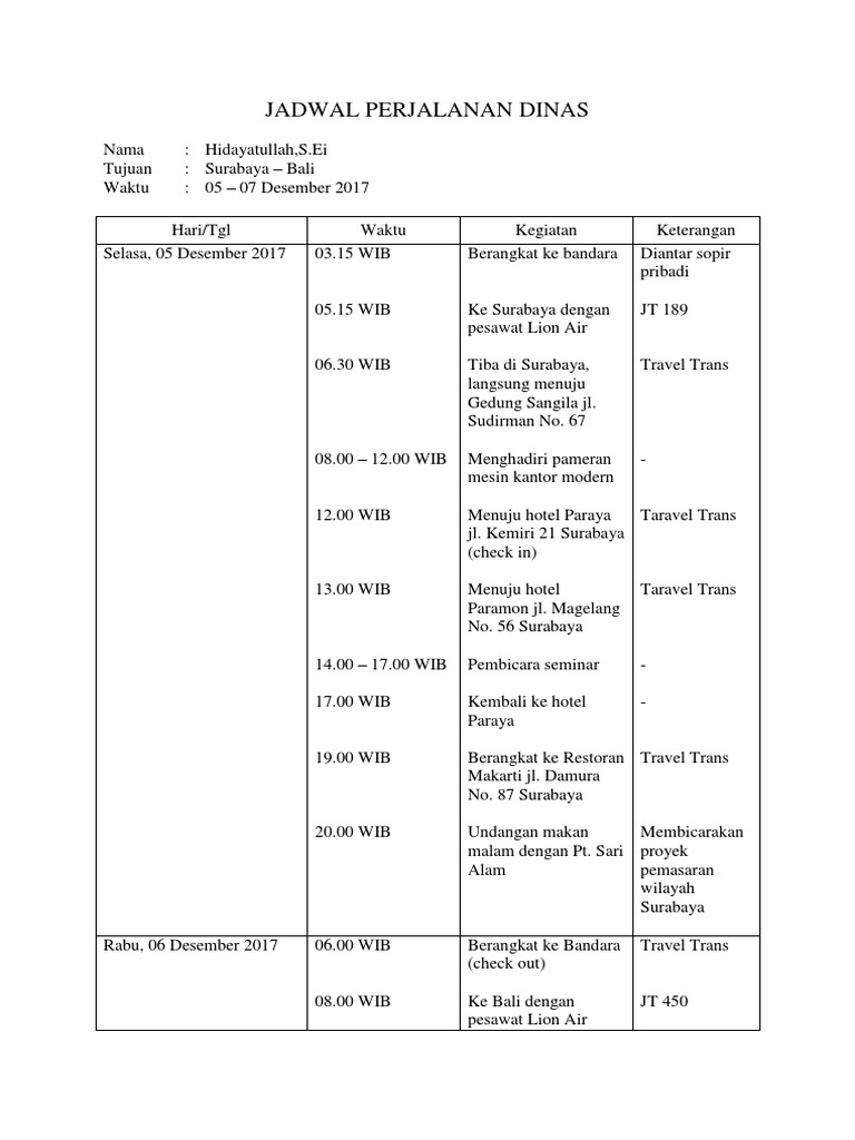 Jadwal Perjalanan Dinas Pdf