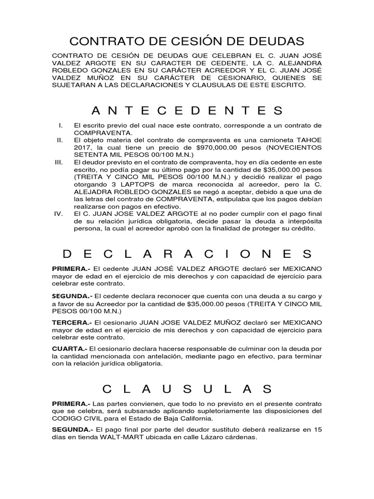 Contrato de cesión de deuda pdf