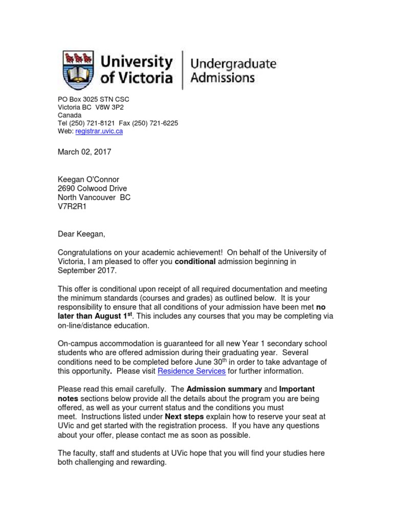 UVIC Acceptance Letter University And College Admission Bachelor's