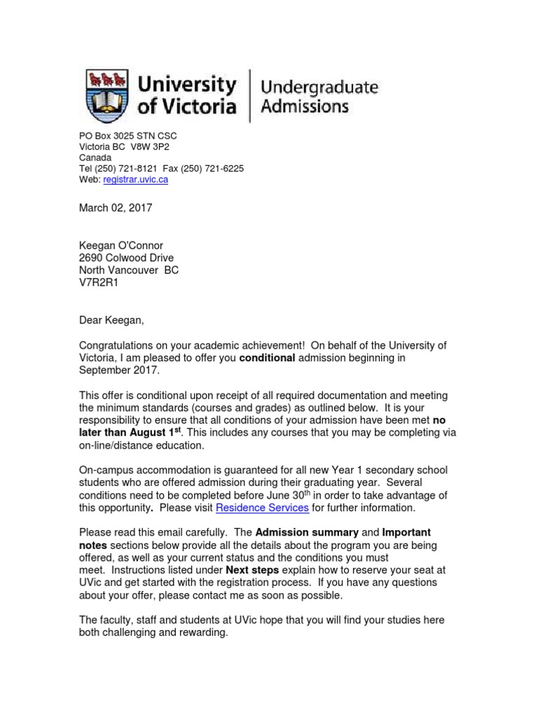 sample for university application letter