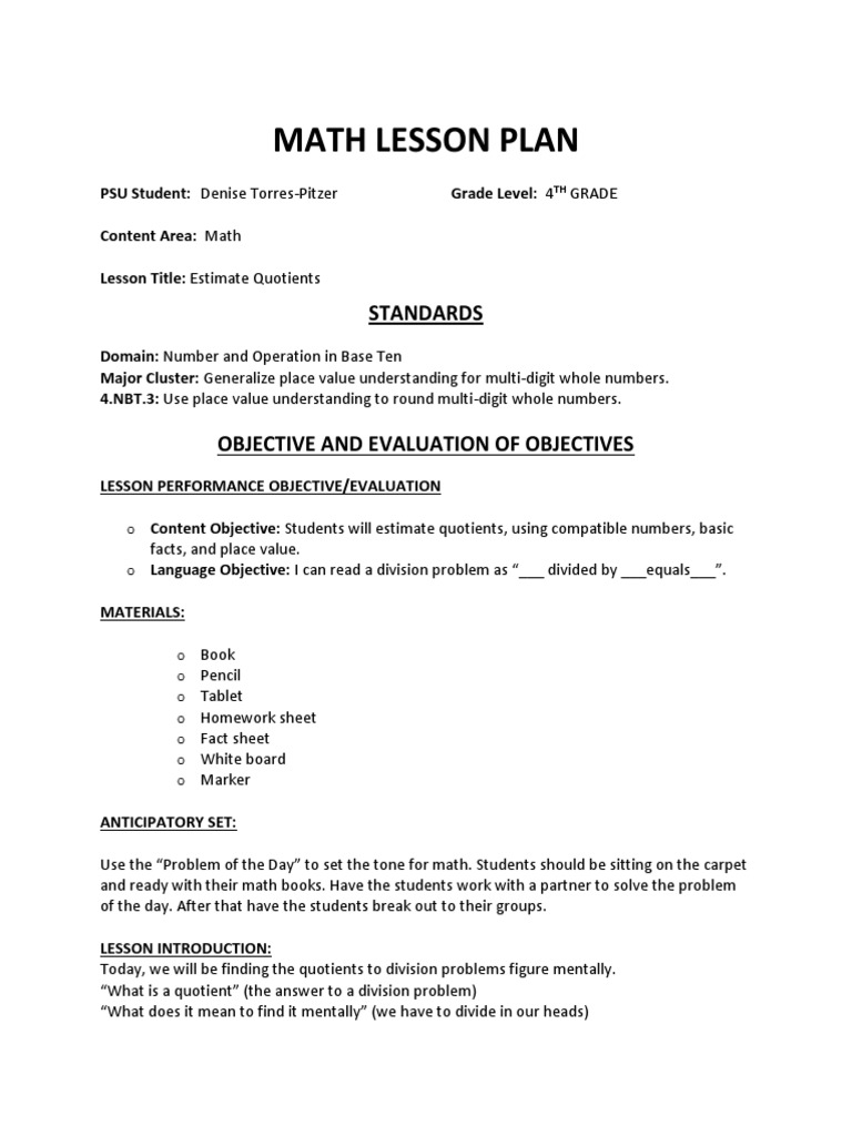 math lesson plan for analysis Lesson Plan Applied Psychology