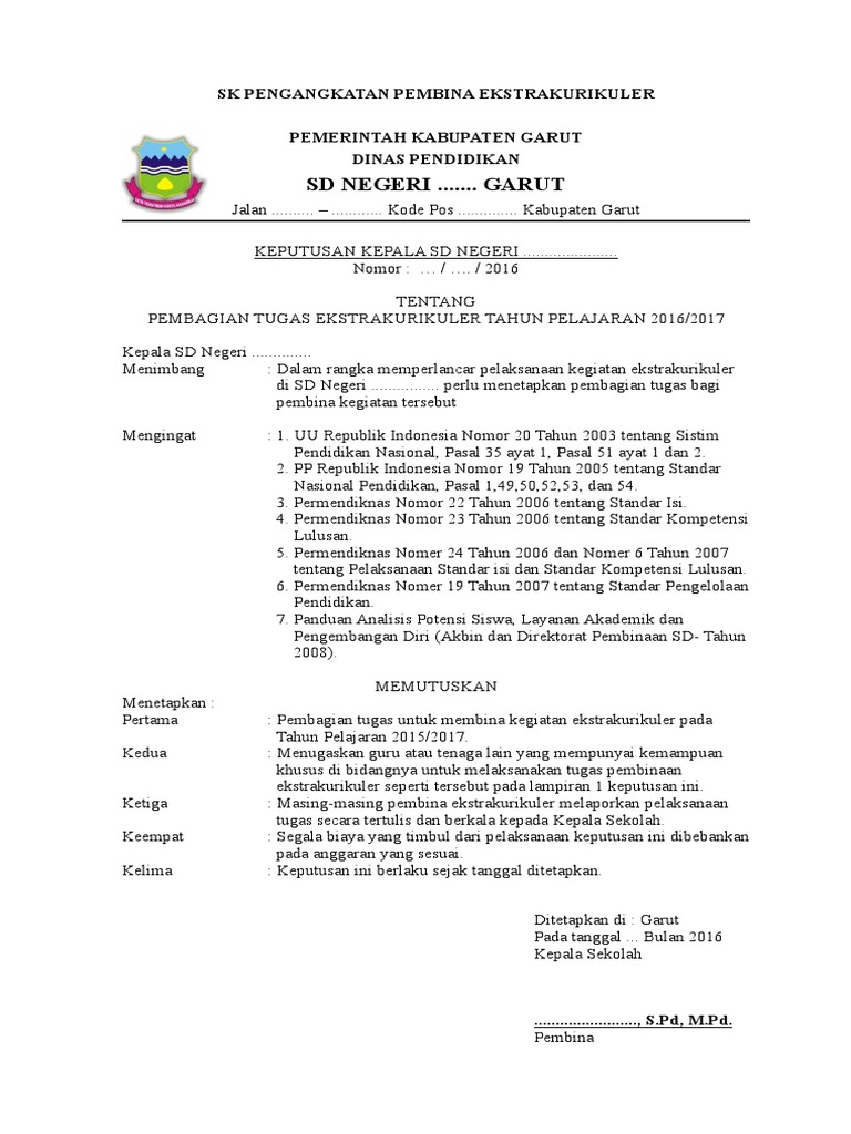 Sk Pengangkatan Pembina Ekstrakurikuler Sd