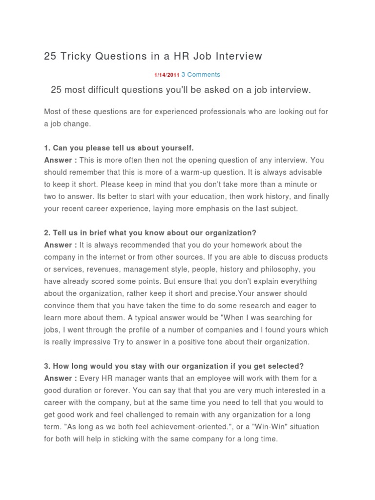 25 Tricky HR Interview Questions | PDF | Job Interview | Employment