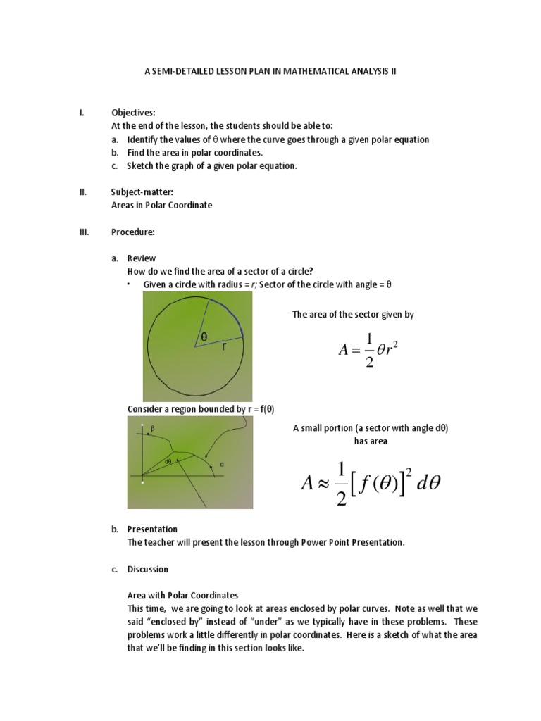 Polar Area Calculation Lesson Plan | PDF | Angle | Coordinate System