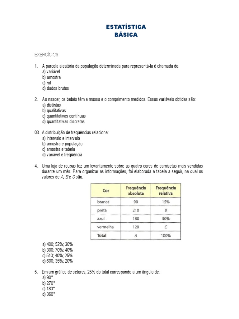1 Lista de Exercicios (Estatistica Basica) | PDF | Modo (Estatística ...