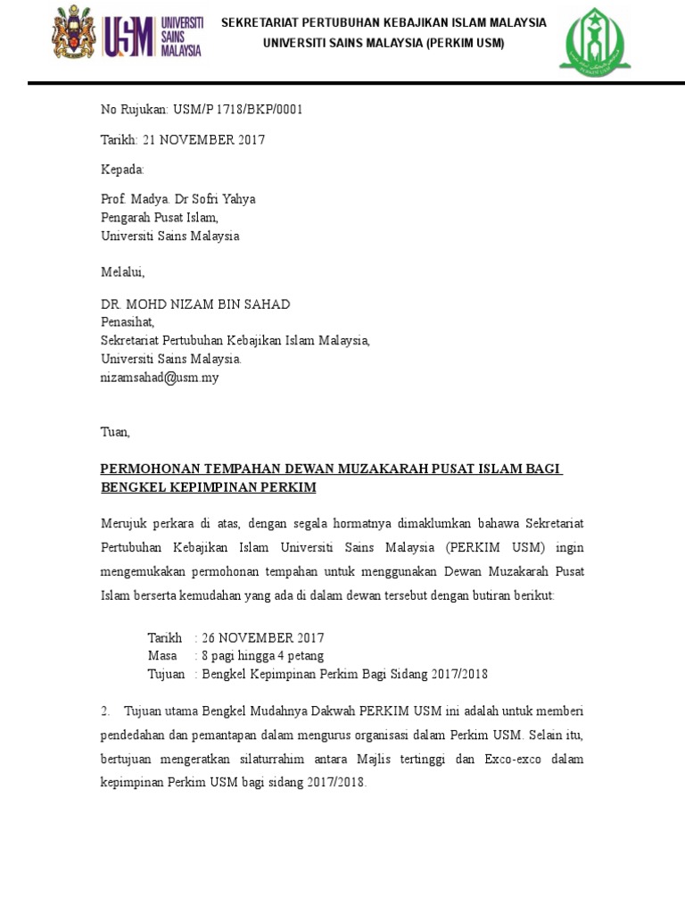 contoh surat tempahan dewan